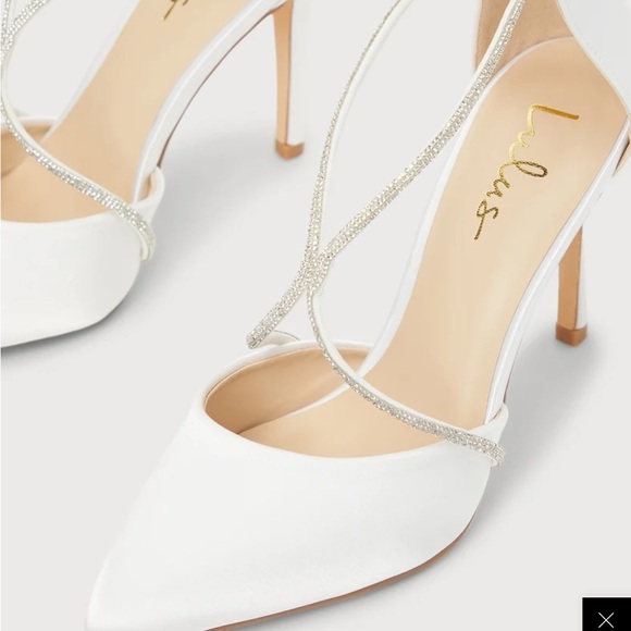 Lulus Aidan White Satin Rhinestone Pointed Toe Pumps - Picture 5 of 5